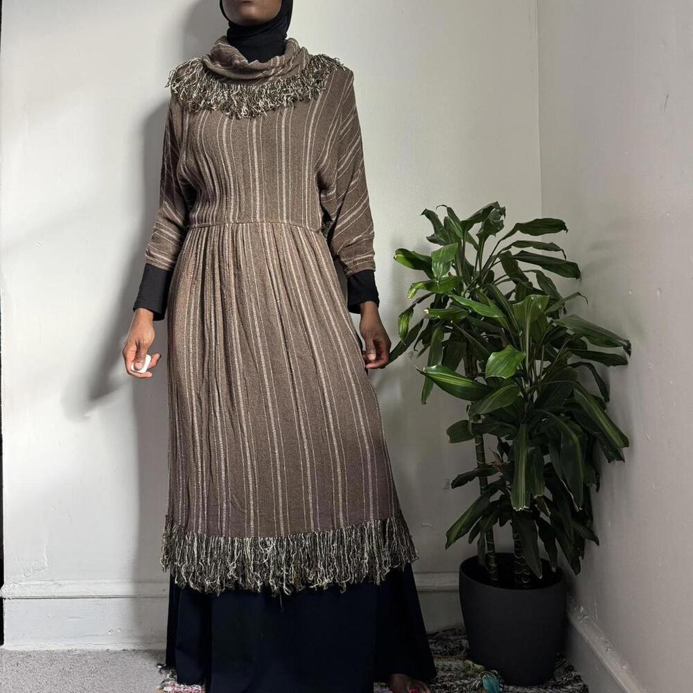 Vintage 70s‎ Sybil California Striped Fringe Maxi Caftan size M